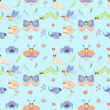 Seamless pattern, cute insects, butterflies, snail, bugs, worm, cartoon, baby Stock Illustration