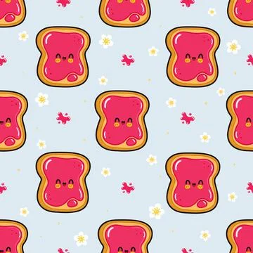 Seamless pattern with cute jam toast and blossoms Stock Illustration