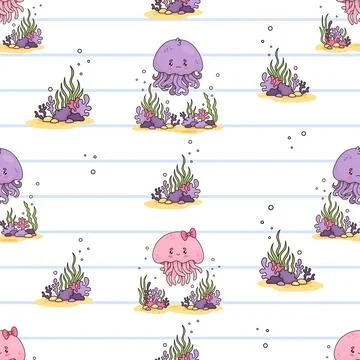 Seamless pattern with cute jellyfish boy and girl on white striped backgrou.. Stock Illustration