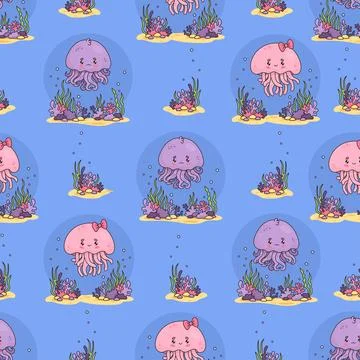 Seamless pattern with cute jellyfish boy and girl with underwater underworl.. Stock Illustration