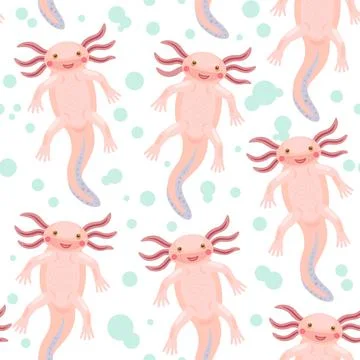Seamless pattern with cute joy cartoon pink axolotl in various positions. Stock Illustration