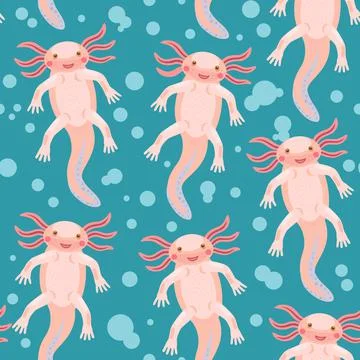 Seamless pattern with cute joy cartoon pink axolotl in various positions. Stock Illustration