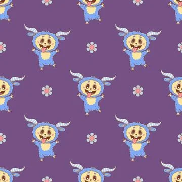 Seamless pattern with Cute joyful Blue Monster on purple background. Funny .. Stock Illustration