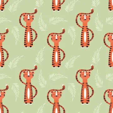 Seamless pattern with cute jungle orange tiger Stock Illustration