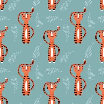 Seamless pattern with cute jungle orange tiger on blue background Stock Illustration