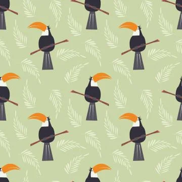 Seamless pattern with cute jungle parrot toucan on green background Stock Illustration