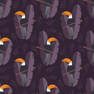 Seamless pattern with cute jungle parrot toucan on purple background Stock Illustration
