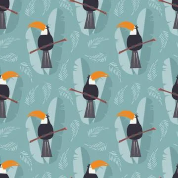 Seamless pattern with cute jungle parrot toucan on blue background Stock Illustration