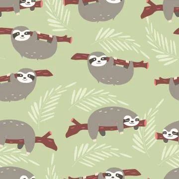 Seamless pattern with cute jungle sloths on green background Stock Illustration