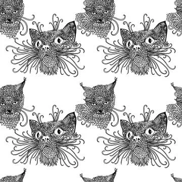 Seamless pattern with cute kats. Cat background in mandala style. Black and Stock Illustration
