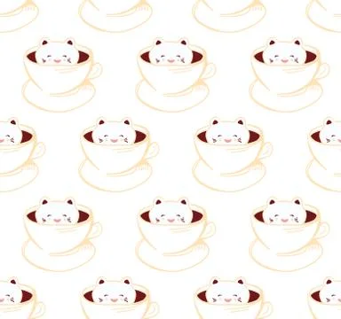 Seamless pattern Cute Kawai cat in cup of froth art coffee, isolated on white Stock Illustration