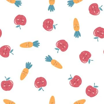 Seamless pattern with cute kawaii apple and carrot with happy face in flat st Stock Illustration