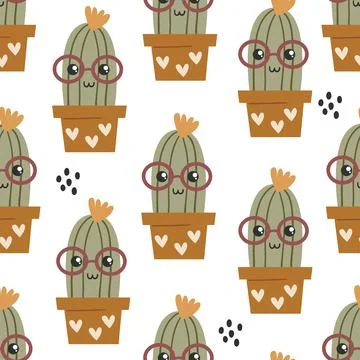 Seamless pattern with cute kawaii cacti Stock Illustration