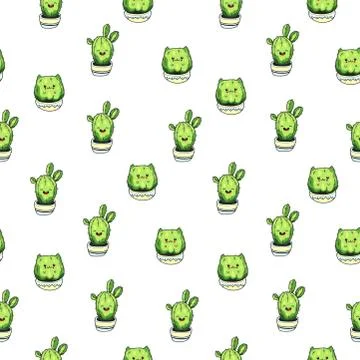 Seamless pattern with cute kawaii cactus and succulents with funny faces in pots Stock Illustration