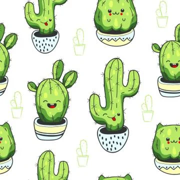 Seamless pattern with cute kawaii cactus and succulents with funny faces in pots Stock Illustration