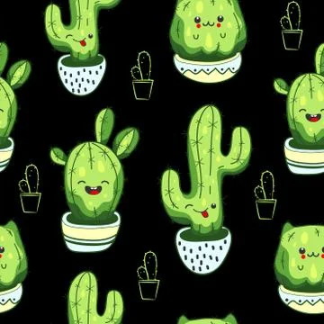 Seamless pattern with cute kawaii cactus and succulents with funny faces in pots Stock Illustration