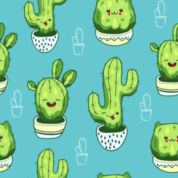 Seamless pattern with cute kawaii cactus and succulents with funny faces in pots Stock Illustration