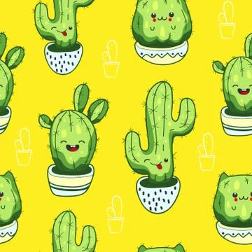 Seamless pattern with cute kawaii cactus and succulents with funny faces in pots Stock Illustration