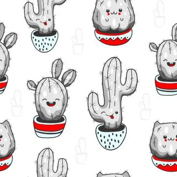 Seamless pattern with cute kawaii cactus and succulents with funny faces in pots Stock Illustration