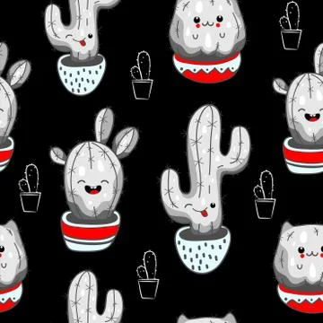 Seamless pattern with cute kawaii cactus and succulents with funny faces in pots Stock Illustration