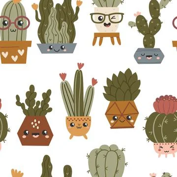 Seamless pattern with cute kawaii cactuses and succulents Stock Illustration