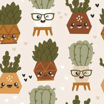 Seamless pattern with cute kawaii cactuses and succulents. Stock Illustration
