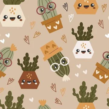 Seamless pattern with cute kawaii cactuses and succulents. Stock Illustration