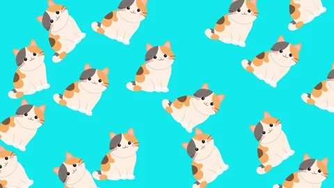 Seamless Pattern of Cute Kawaii Calico Cats Isolated on Teal Background Stock Footage 345540024