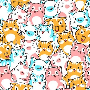 Seamless pattern with cute kawaii cats. Fun animal background. Illustrazione stock