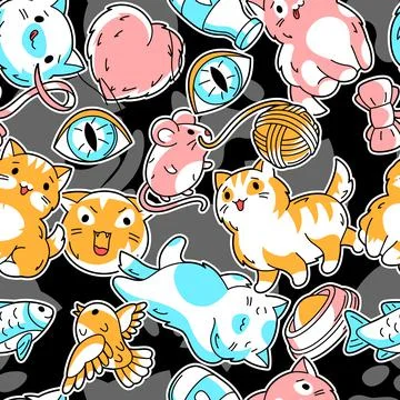 Seamless pattern with cute kawaii cats. Fun animal background. Stock Illustration