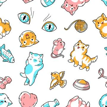 Seamless pattern with cute kawaii cats. Fun animal background. Illustrazione stock