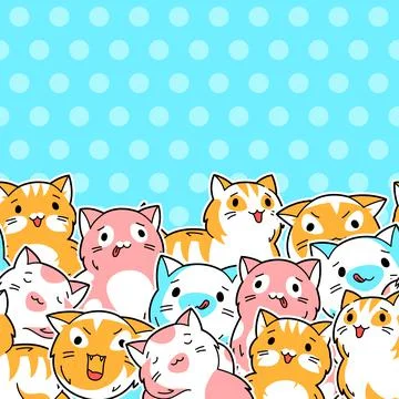 Seamless pattern with cute kawaii cats. Fun animal background. Illustrazione stock