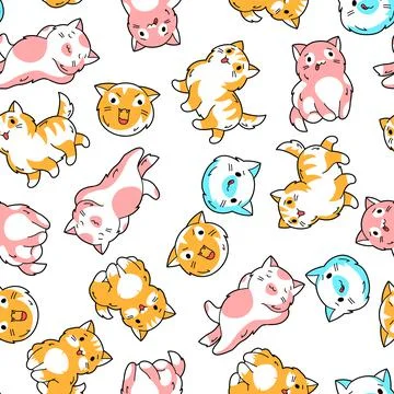 Seamless pattern with cute kawaii cats. Fun animal background. イラスト素材