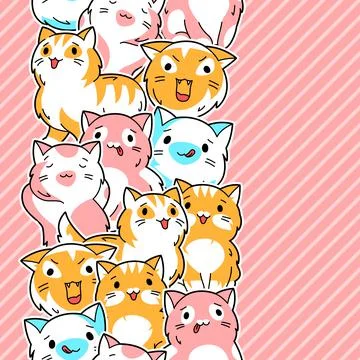 Seamless pattern with cute kawaii cats. Fun animal background. Stock Illustration