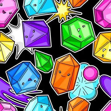 Seamless pattern with cute kawaii crystals or gems. Stock Illustration