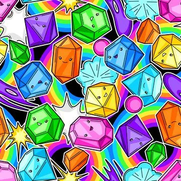 Seamless pattern with cute kawaii crystals or gems. Stock Illustration
