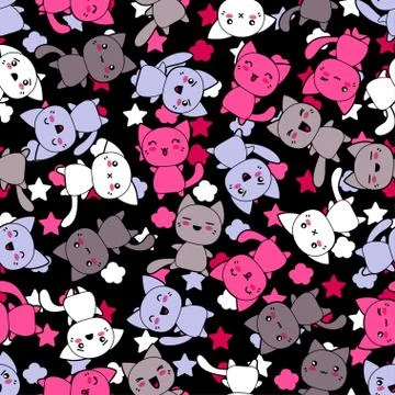 Seamless pattern with cute kawaii doodle cats Stock Illustration
