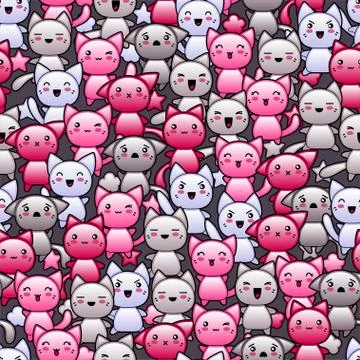 Seamless pattern with cute kawaii doodle cats Stock Illustration
