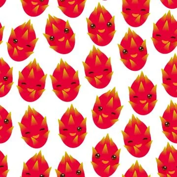 Seamless pattern with cute Kawaii dragon fruit with wink eyes and pink cheeks Stock Illustration