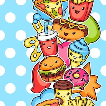 Seamless pattern with cute kawaii fast food meal. Stock Illustration