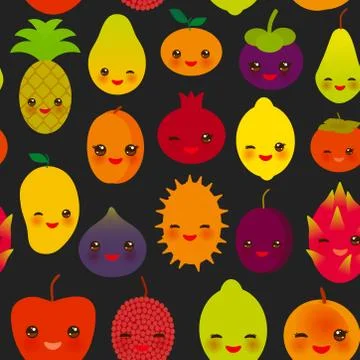 Seamless pattern cute kawaii fruit Pear Mangosteen tangerine pineapple papaya Stock Illustration