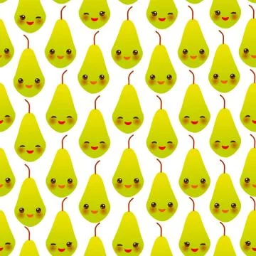 Seamless pattern with cute Kawaii green pear with wink eyes and pink cheeks,  Stock Illustration