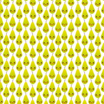Seamless pattern with cute Kawaii green pear with wink eyes and pink cheeks,  Stock Illustration