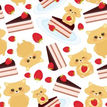 Seamless pattern cute kawaii hamster with fresh Strawberry, cake decorated pi イラスト素材