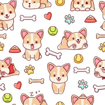 Seamless pattern, cute kawaii hand drawn corgi doodles Stock Illustration