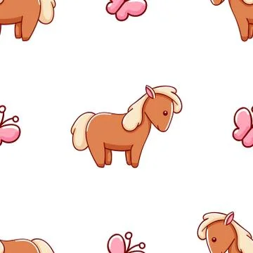 Seamless pattern, cute kawaii hand drawn horse doodles Stock Illustration