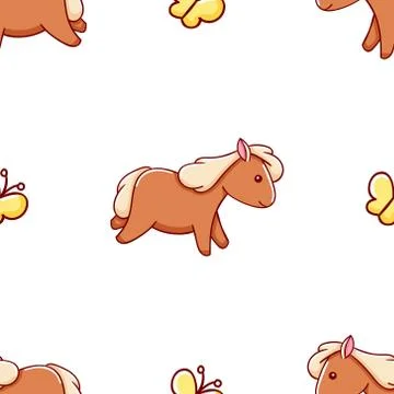 Seamless pattern, cute kawaii hand drawn horse doodles Stock Illustration