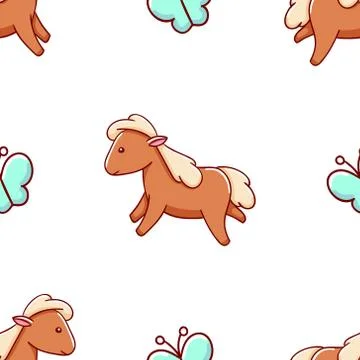 Seamless pattern, cute kawaii hand drawn horse doodles Stock Illustration