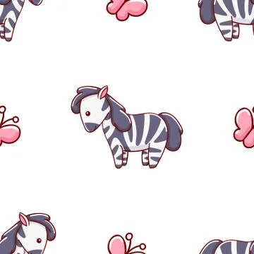 Seamless pattern, cute kawaii hand drawn zebra doodles Stock Illustration