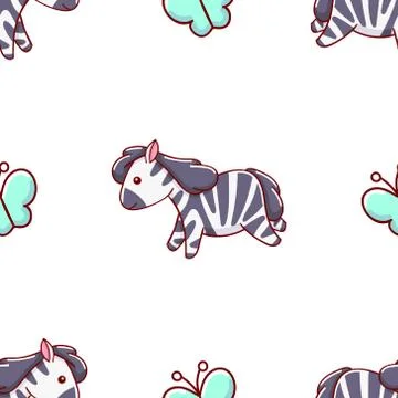 Seamless pattern, cute kawaii hand drawn zebra doodles Stock Illustration